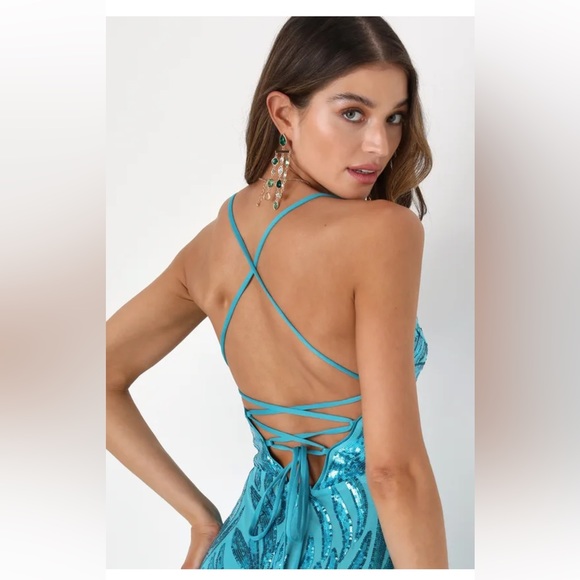 LULUS PROM DRESS - Sparkle 'til Dawn Teal Blue Sequin Lace-Up Mermaid Maxi Dress - Picture 3 of 11